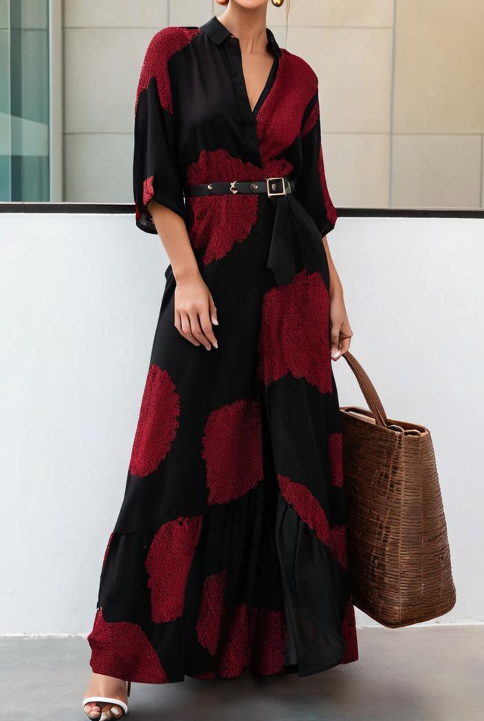 cotton printed long sleeve loose casual maxi dress 105772