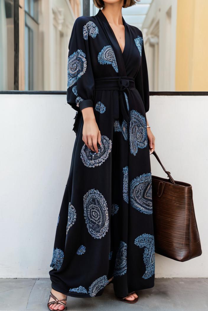 cotton printed long sleeve loose casual maxi dress 105776