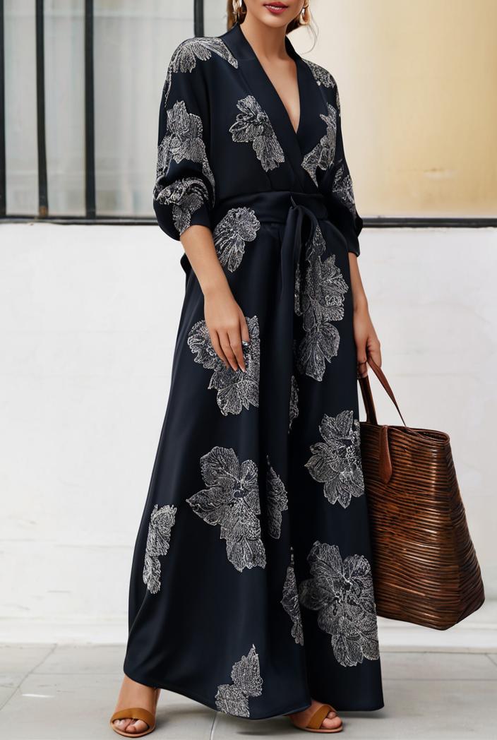 cotton printed long sleeve loose casual maxi dress 105779