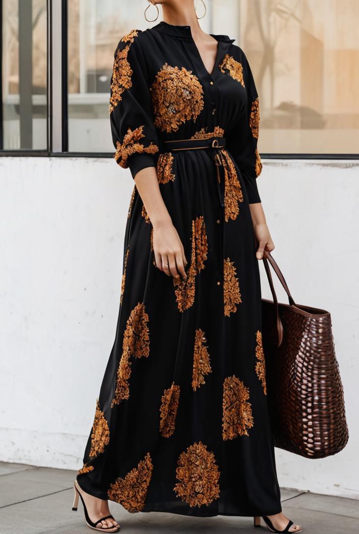 cotton printed long sleeve loose casual maxi dress 105783