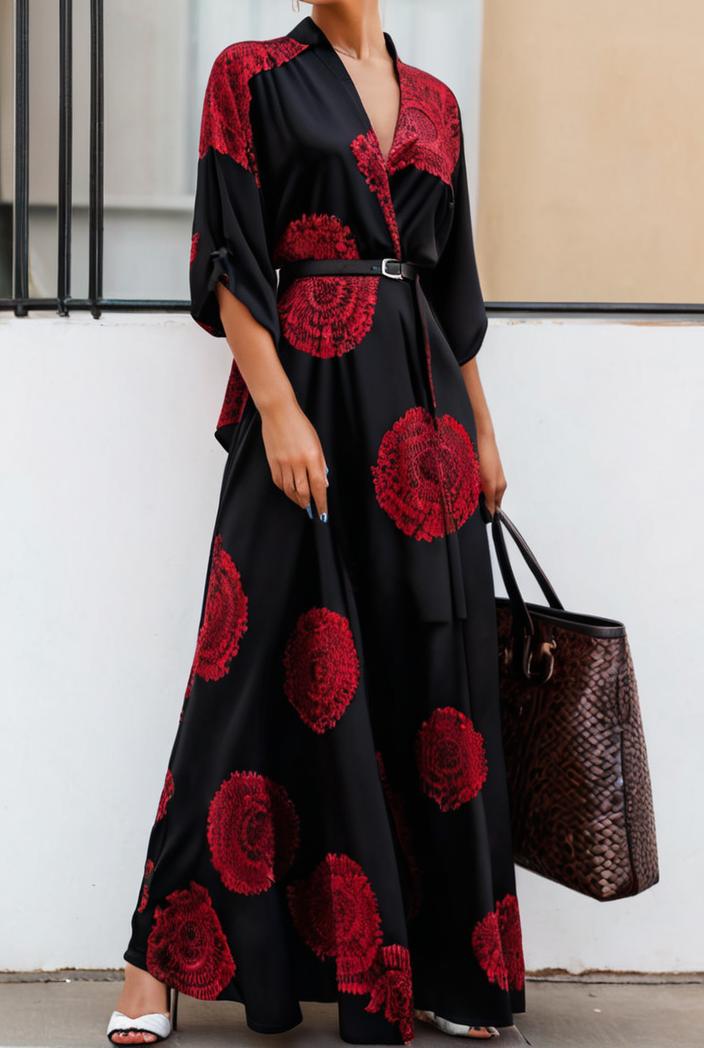 cotton printed long sleeve loose casual maxi dress 105791