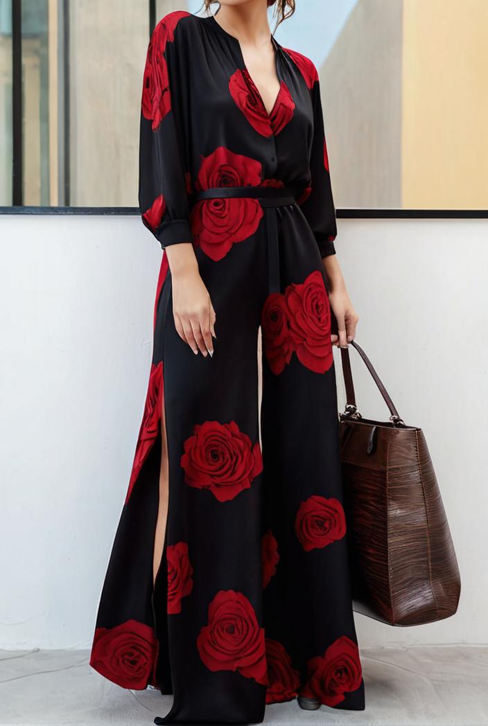 cotton printed long sleeve loose casual maxi dress 105792