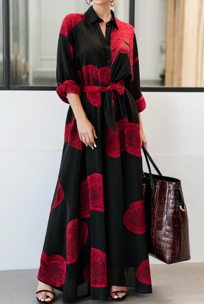 cotton printed long sleeve loose casual maxi dress 105793