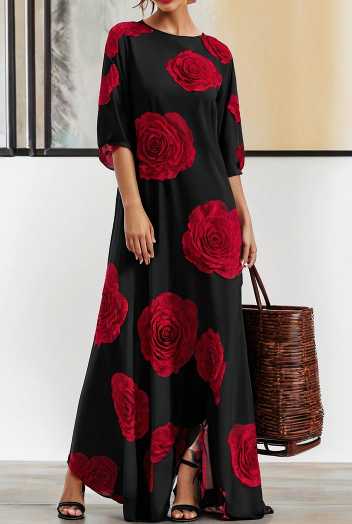 cotton printed long sleeve loose casual maxi dress 105794