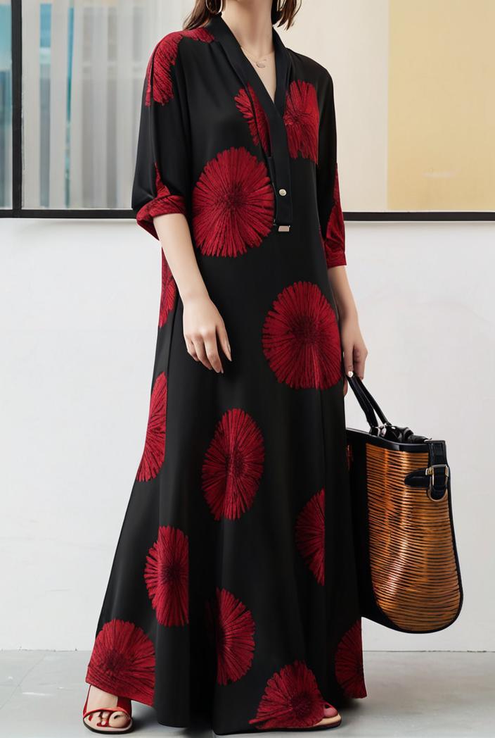 cotton printed long sleeve loose casual maxi dress 105795