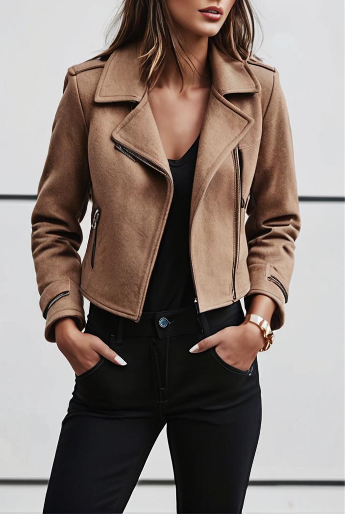 lapel diagonal zipper cropped jacket raglan barcelet halter v neck closed 119542