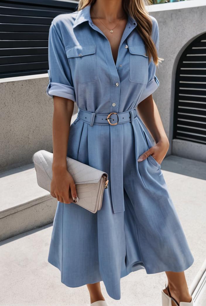 a line flap pockets rolled sleeve v neck casual lapel denim maxi dresses 104954