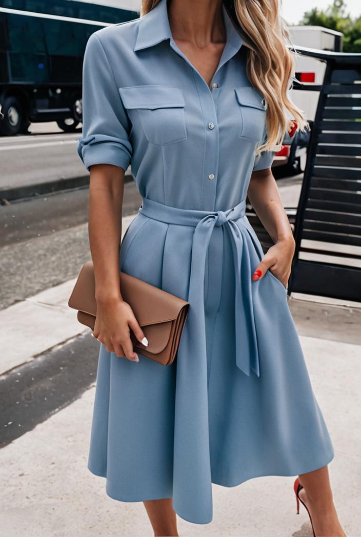 a line flap pockets rolled sleeve v neck casual lapel denim maxi dresses 104955