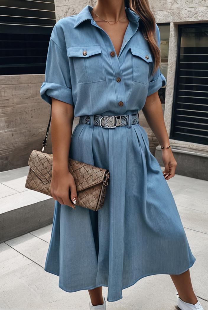 a line flap pockets rolled sleeve v neck casual lapel denim maxi dresses 104956