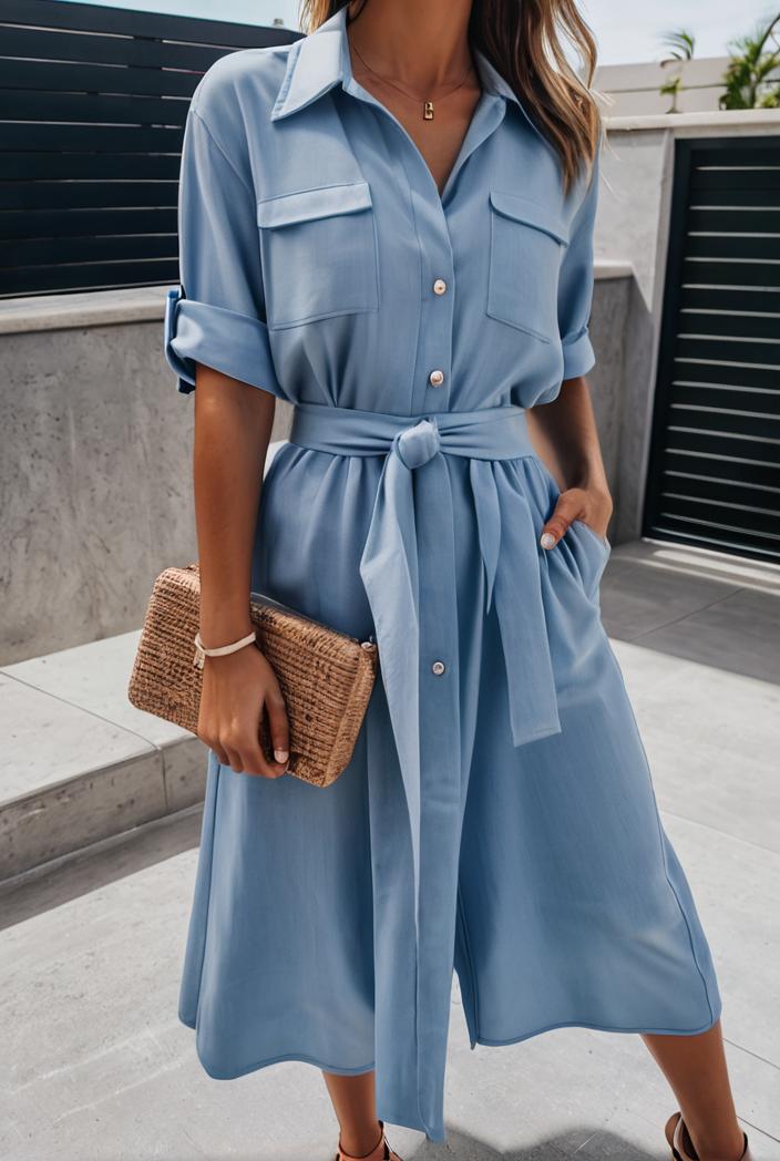 a line flap pockets rolled sleeve v neck casual lapel denim maxi dresses 104957