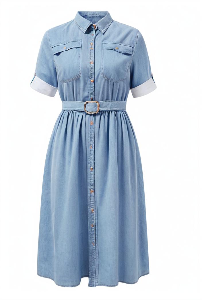 a line flap pockets rolled sleeve v neck casual lapel denim maxi dresses 104970