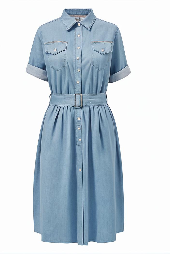a line flap pockets rolled sleeve v neck casual lapel denim maxi dresses 104971