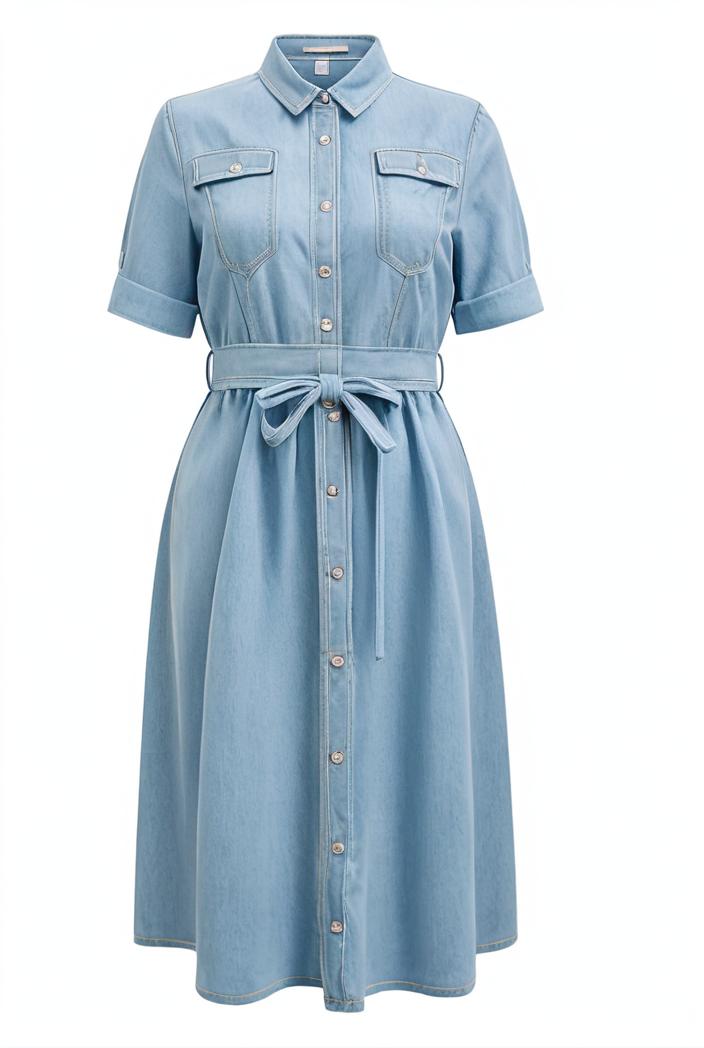 a line flap pockets rolled sleeve v neck casual lapel denim maxi dresses 104974