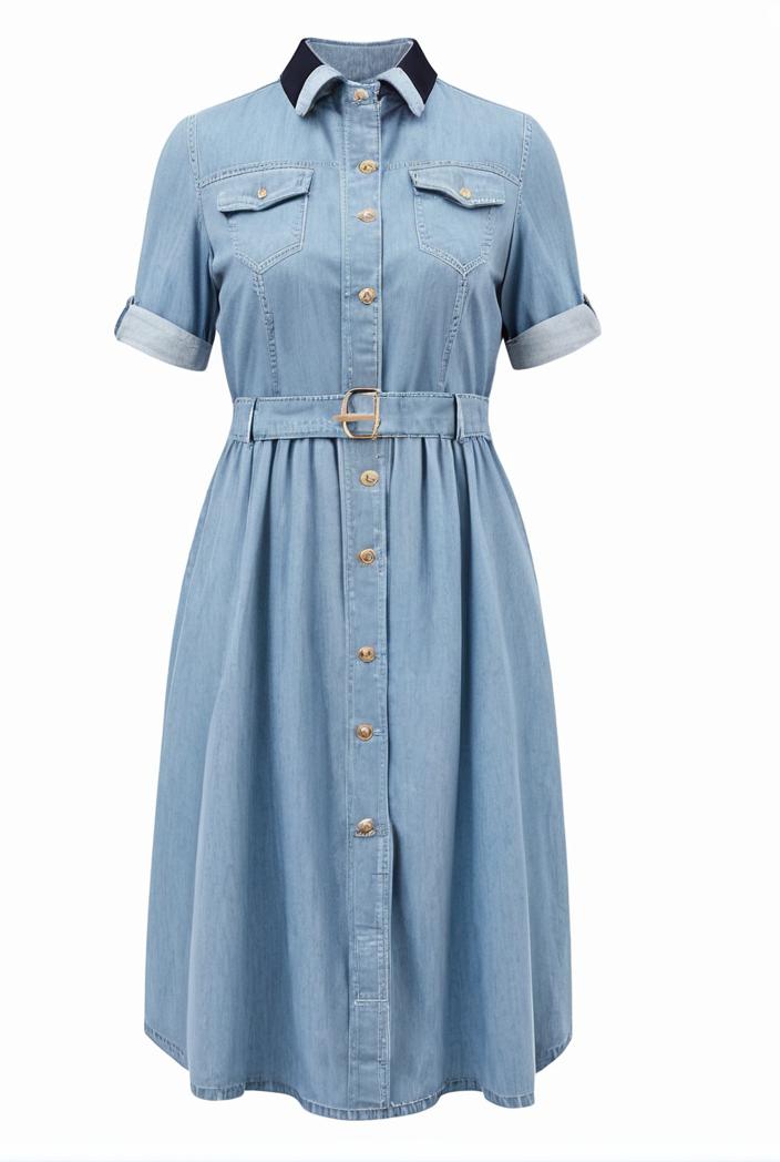 a line flap pockets rolled sleeve v neck casual lapel denim maxi dresses 104975