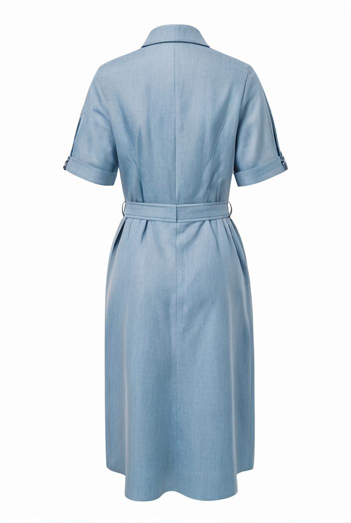 a line flap pockets rolled sleeve v neck casual lapel denim maxi dresses 104979