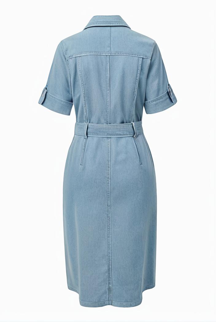 a line flap pockets rolled sleeve v neck casual lapel denim maxi dresses 104980