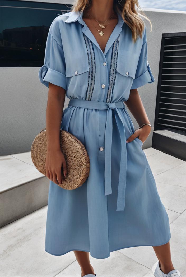 a line flap pockets rolled sleeve v neck casual lapel denim maxi dresses 105098