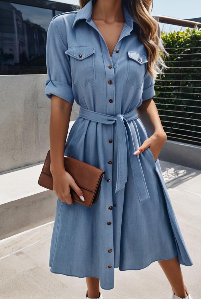 a line flap pockets rolled sleeve v neck casual lapel denim maxi dresses 105105