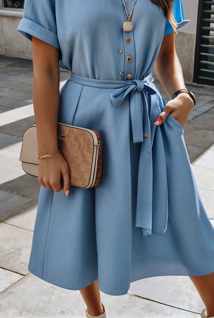 a line flap pockets rolled sleeve v neck casual lapel denim maxi dresses 105106