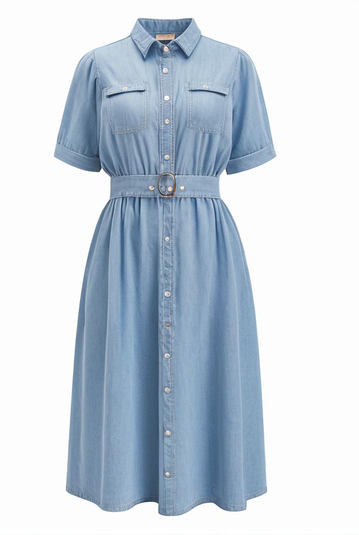 a line flap pockets rolled sleeve v neck casual lapel denim maxi dresses 105114