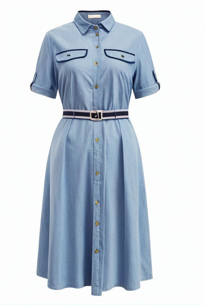 a line flap pockets rolled sleeve v neck casual lapel denim maxi dresses 105115