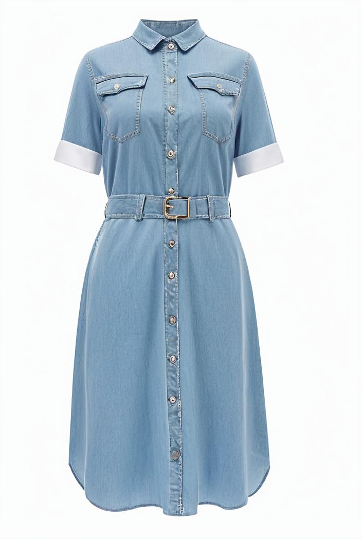 a line flap pockets rolled sleeve v neck casual lapel denim maxi dresses 105116