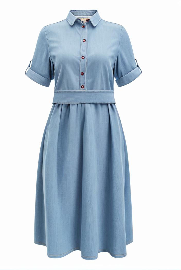 a line flap pockets rolled sleeve v neck casual lapel denim maxi dresses 105118