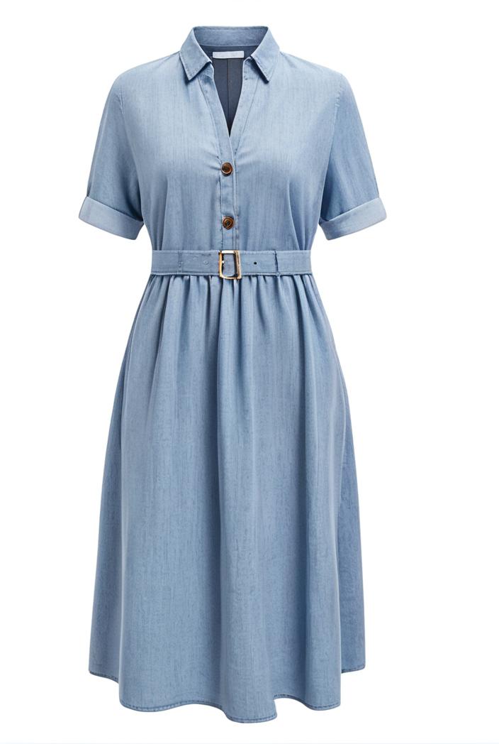 a line flap pockets rolled sleeve v neck casual lapel denim maxi dresses 105121