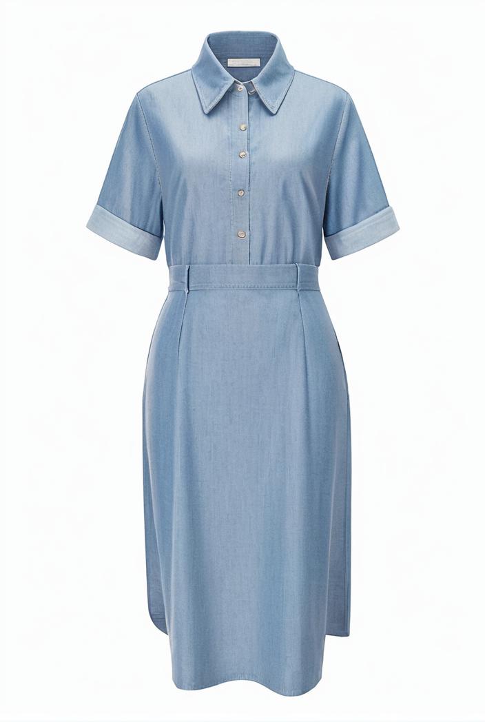 a line flap pockets rolled sleeve v neck casual lapel denim maxi dresses 105124