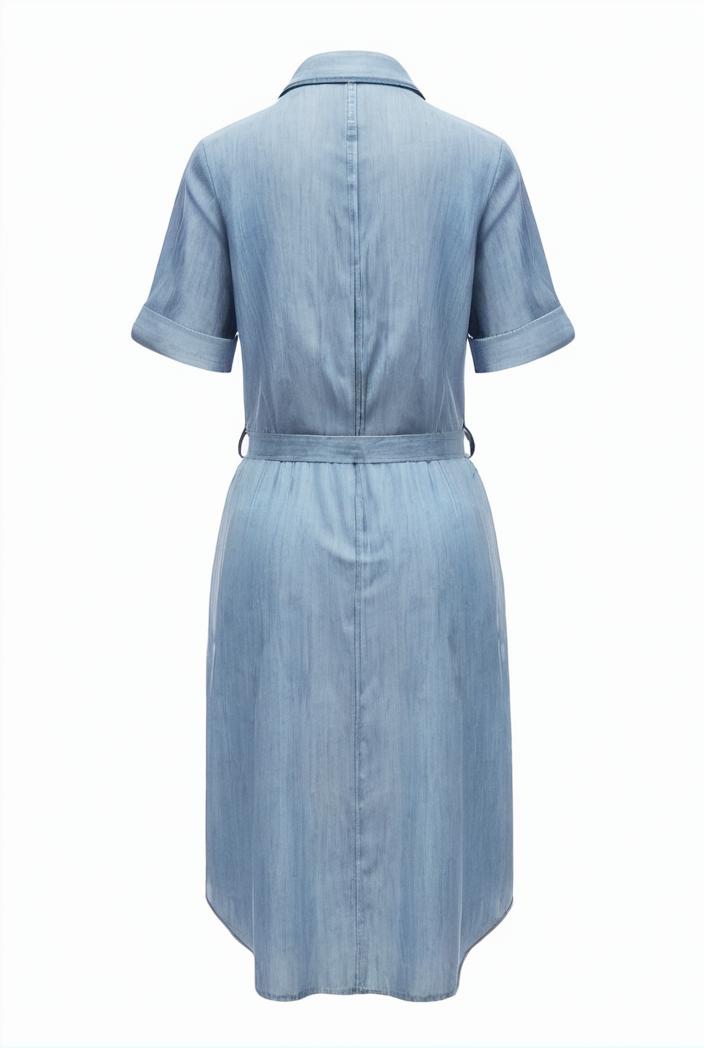 a line flap pockets rolled sleeve v neck casual lapel denim maxi dresses 105122