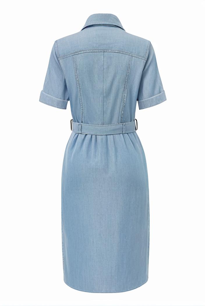 a line flap pockets rolled sleeve v neck casual lapel denim maxi dresses 105123