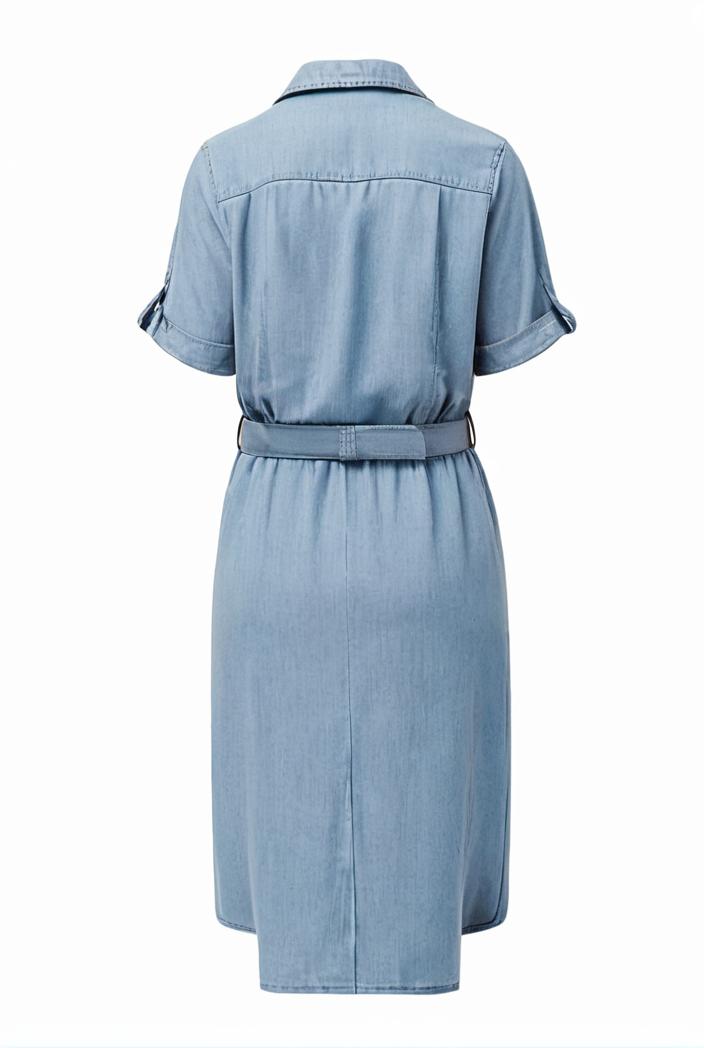 a line flap pockets rolled sleeve v neck casual lapel denim maxi dresses 105126