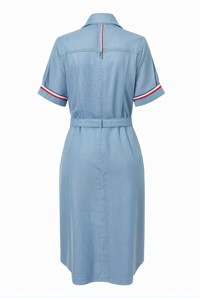 a line flap pockets rolled sleeve v neck casual lapel denim maxi dresses 105128