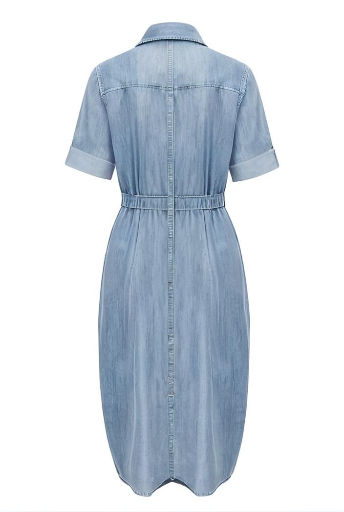 a line flap pockets rolled sleeve v neck casual lapel denim maxi dresses 105129
