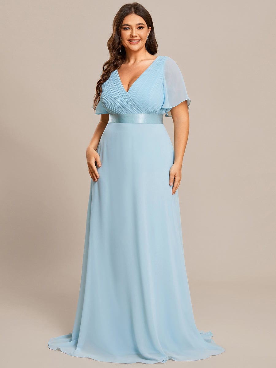 MsDresslyEP Plus Formal Dress Plus Size Empire Waist V Back Bridesmaid Dress with Short Sleeves