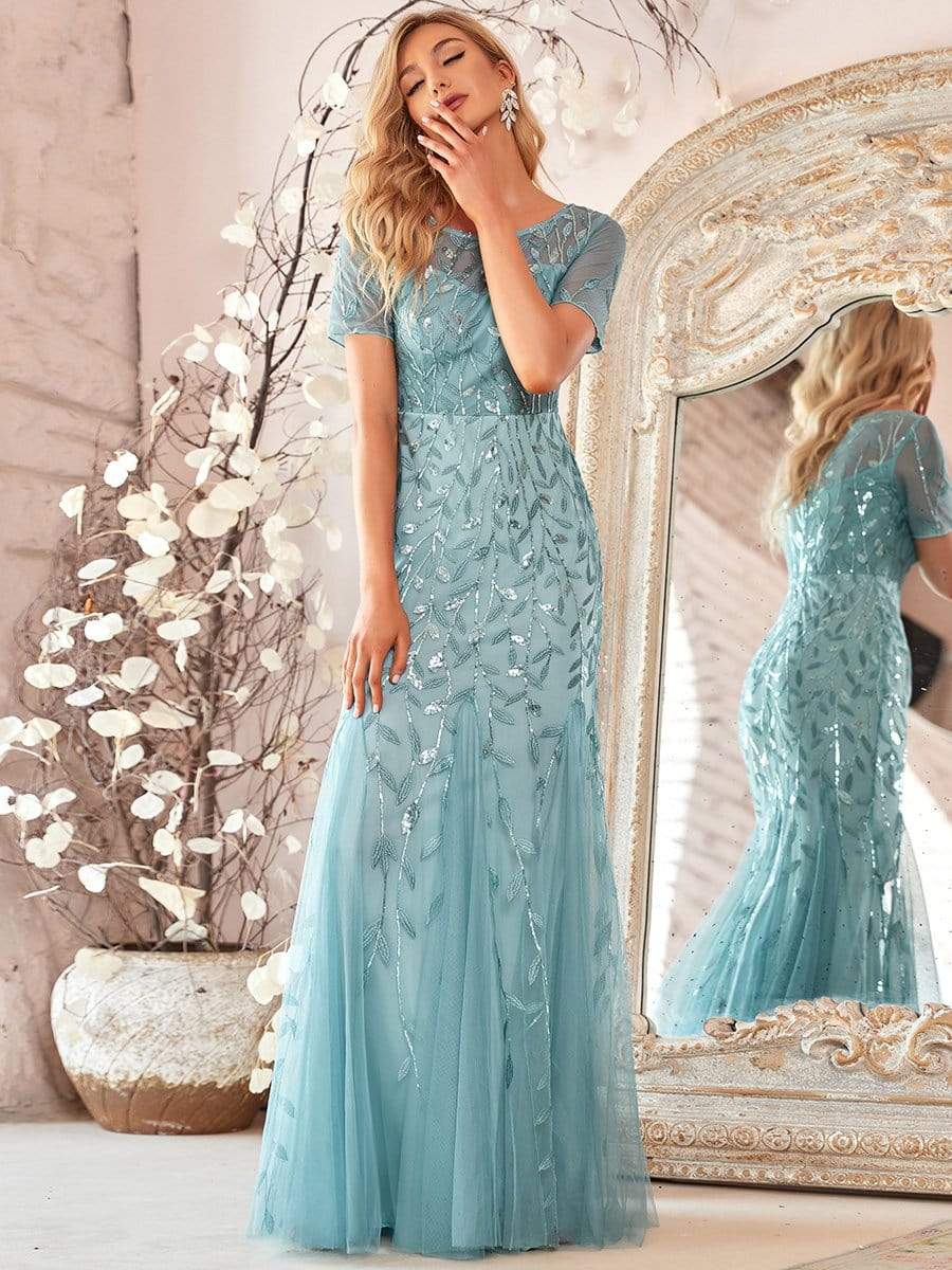 MsDresslyEP Formal Dress Floral Sequin Maxi Fishtail Tulle Prom Dress with Short Sleeve