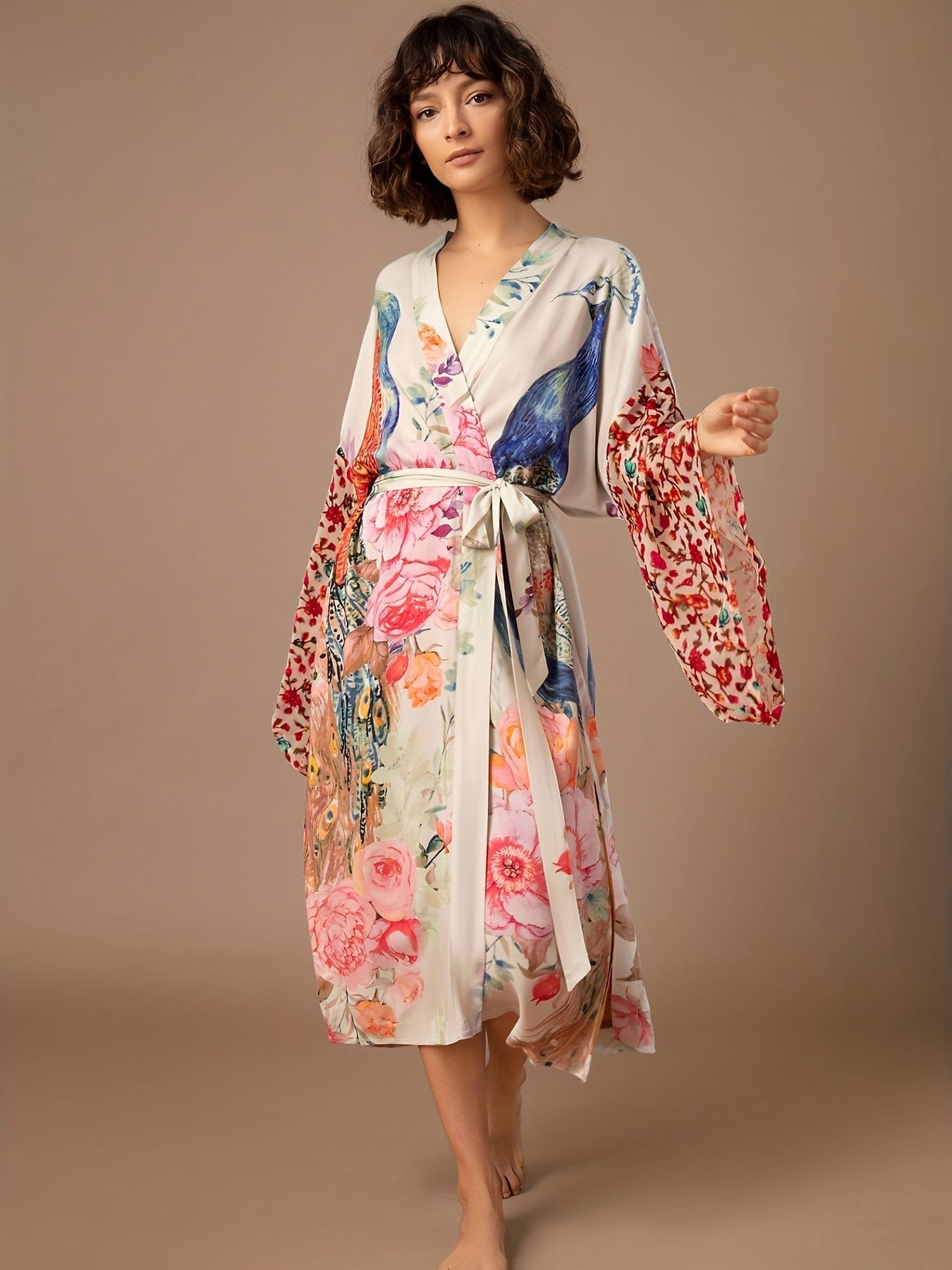 MsDressly Coats Floral Peacock Print Long Sleeve Loose Swim Robe Beach Cover Up Coat COA231012025PINONESIZE