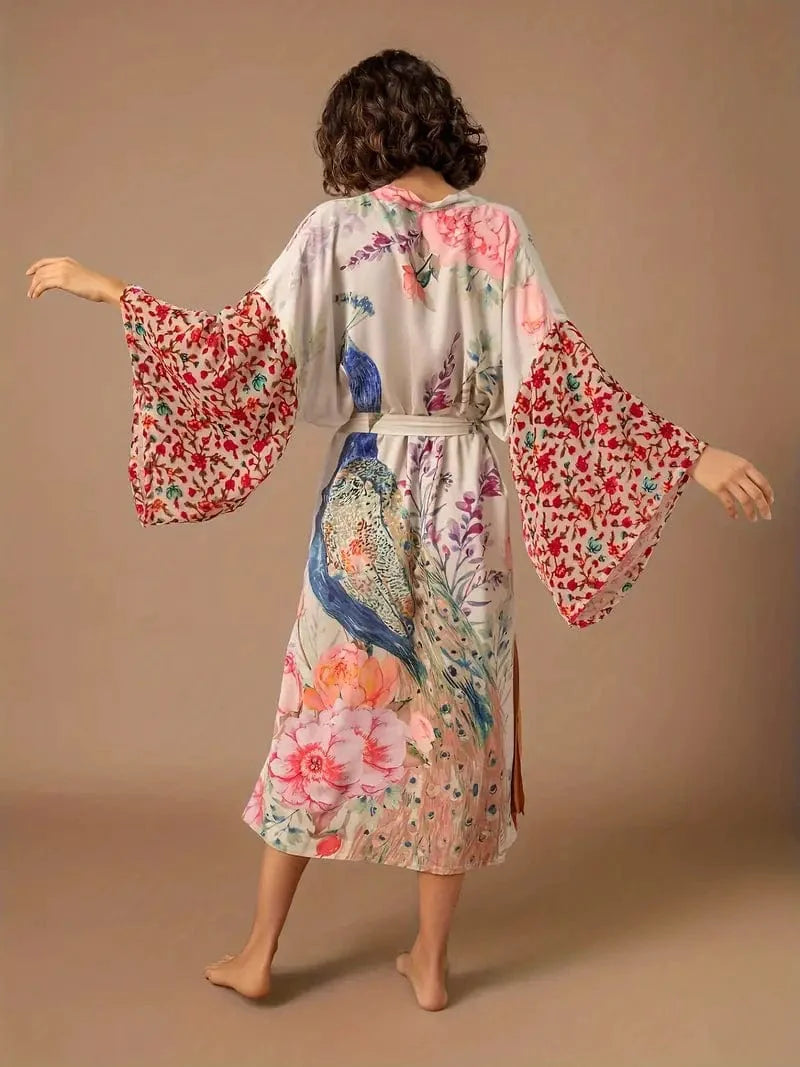 MsDressly Coats Floral Peacock Print Long Sleeve Loose Swim Robe Beach Cover Up Coat COA231012025PINONESIZE