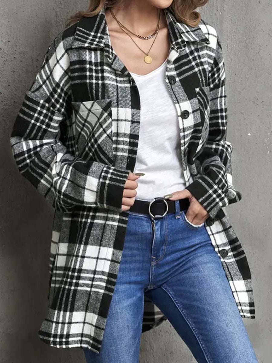 MsDressly Coats Lapel Collar Single Breasted Loose Plaid Wool Coat COA2308110027BLAS