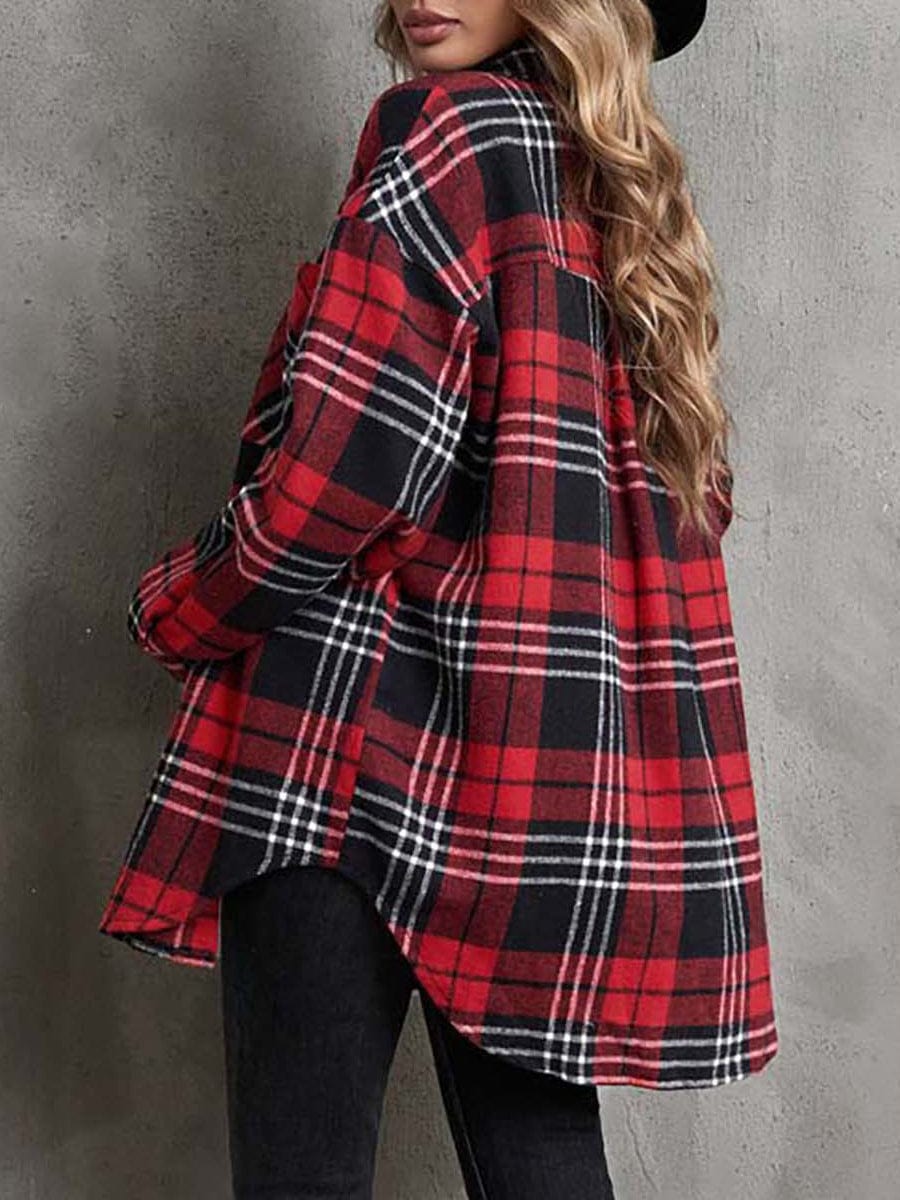 MsDressly Coats Lapel Collar Single Breasted Loose Plaid Wool Coat