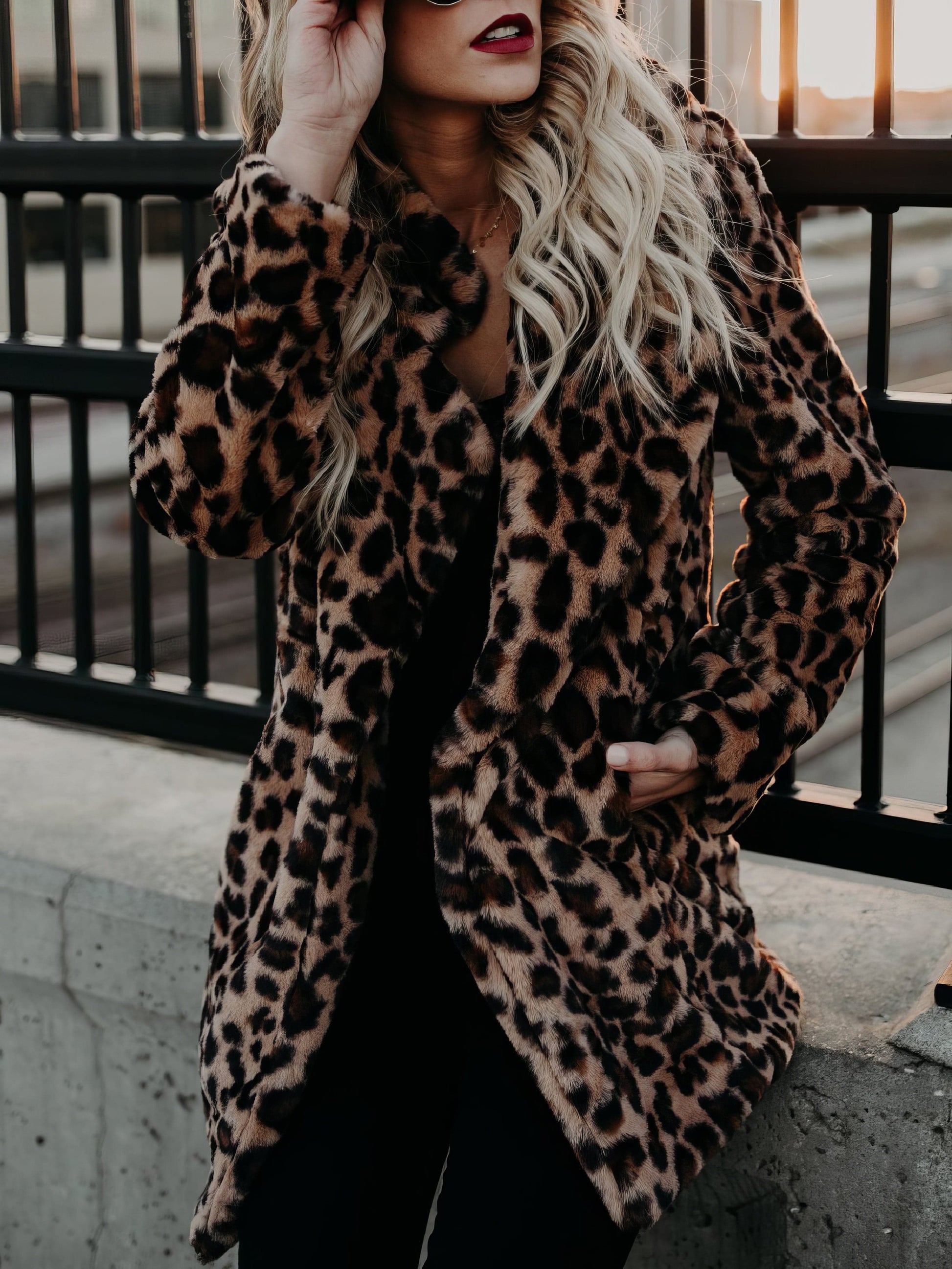 MsDressly Coats Lapel Leopard Print Faux Fur Long Sleeve Midi Coat COA2110201236BROS