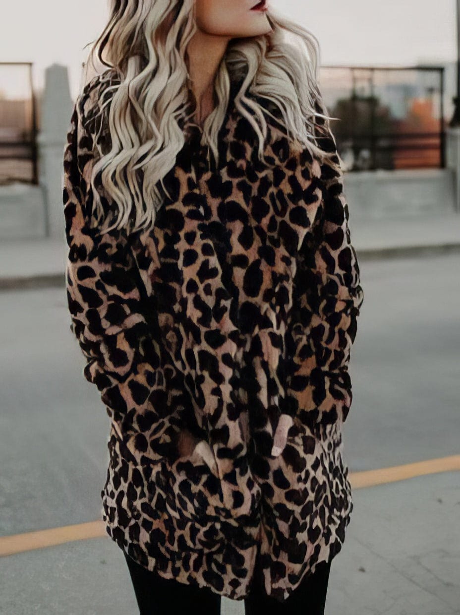 MsDressly Coats Lapel Leopard Print Faux Fur Long Sleeve Midi Coat