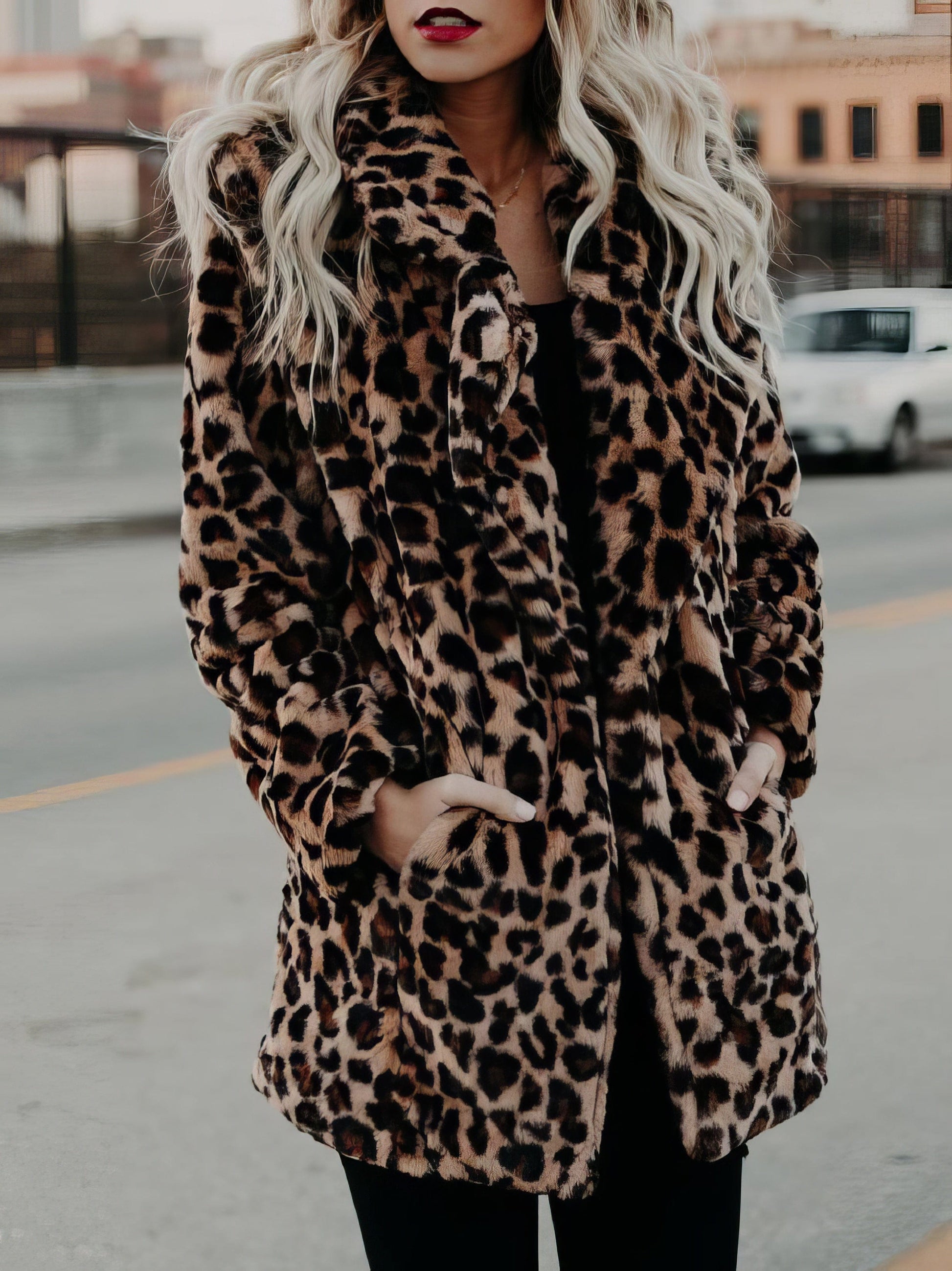 MsDressly Coats Lapel Leopard Print Faux Fur Long Sleeve Midi Coat