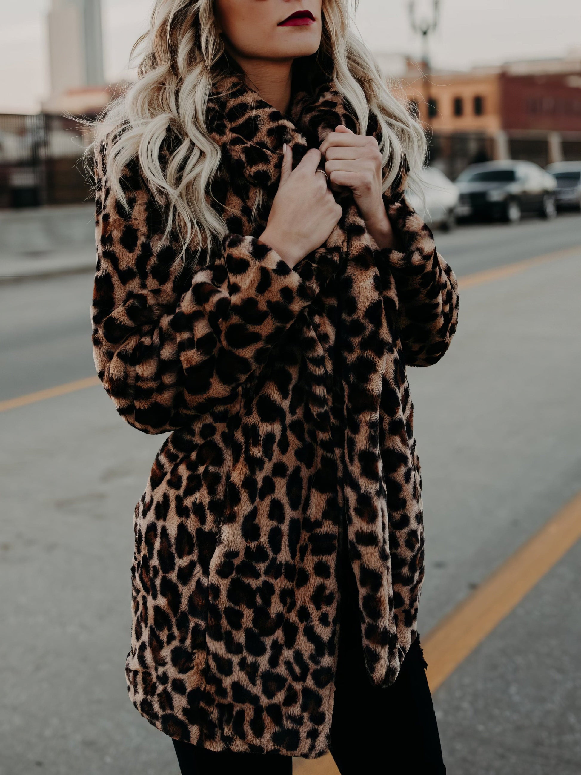 MsDressly Coats Lapel Leopard Print Faux Fur Long Sleeve Midi Coat