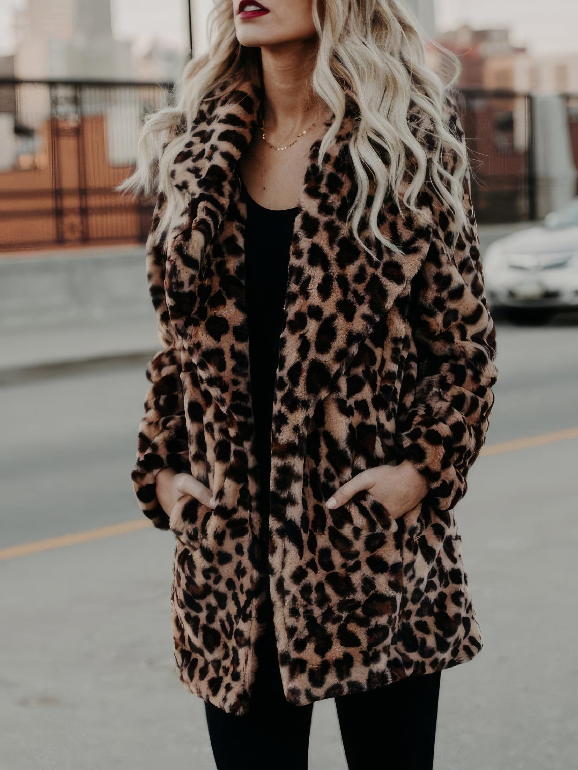 MsDressly Coats Lapel Leopard Print Faux Fur Long Sleeve Midi Coat