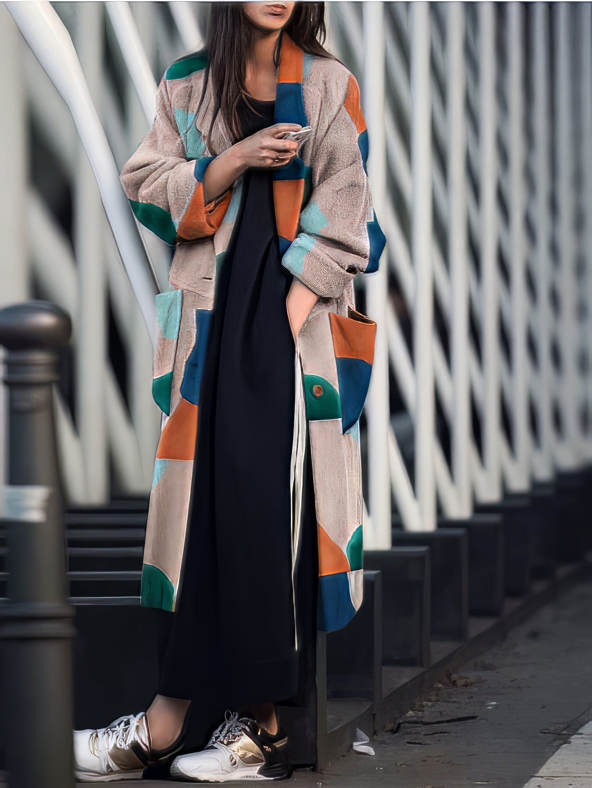 MsDressly Coats Lapel Multicolor Graphic Print Long Sleeve Coat