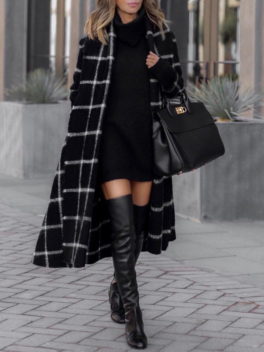 MsDressly Coats Lapel Pocket Belted Plaid Woolen Coat