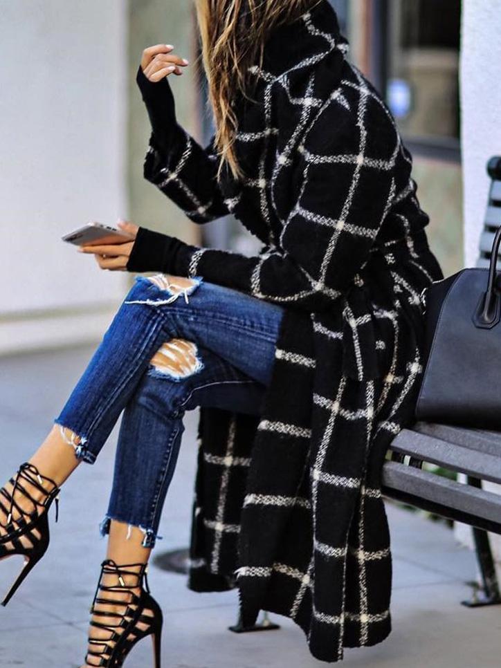 MsDressly Coats Lapel Pocket Belted Plaid Woolen Coat