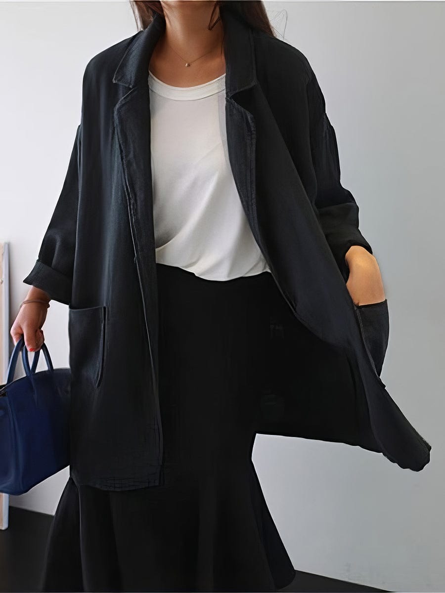 MsDressly Coats Literary Style Lapel Loose Solid Color Mid Length Coat COA2304130011BLAS