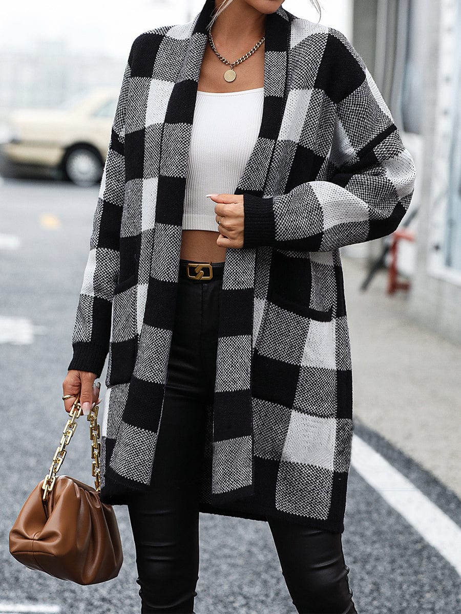 MsDressly Coats Loose Check Colorblock Knit Fashion Coat COA2308110026BLAS